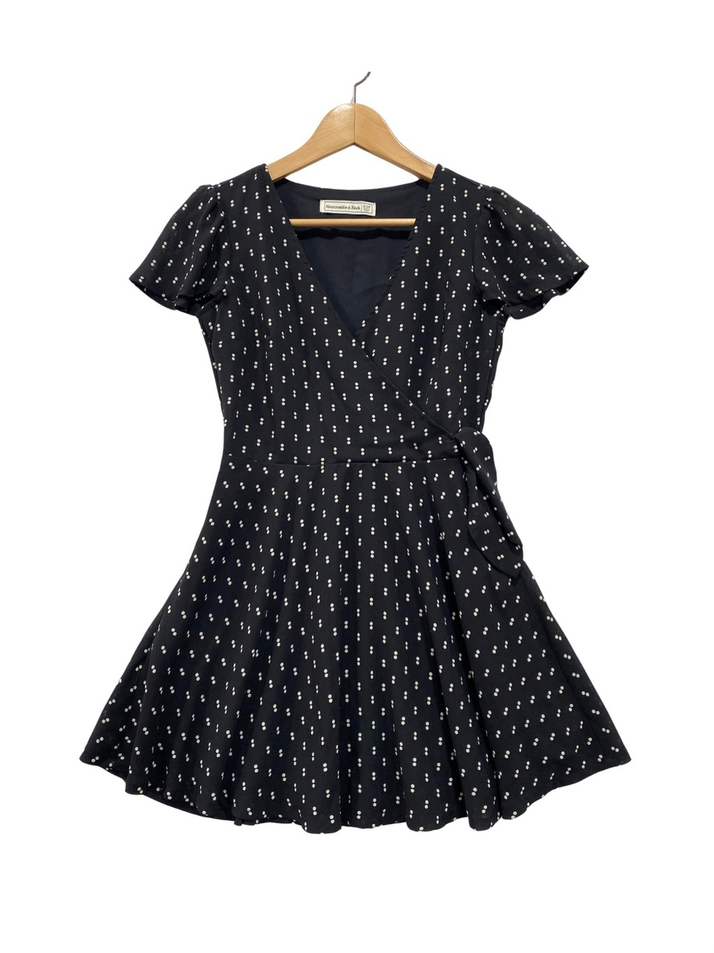 Abercrombie & Fitch Faux Wrap Polka Dot Dress Black White Flutter Sleeve XSP
